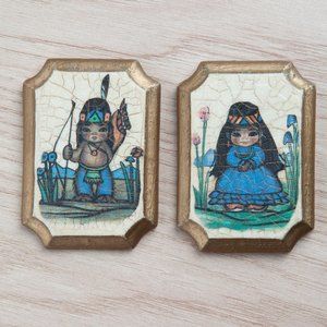 2 Small Vintage Native American Boy Girl Chalkware Plaster Wall Plaques 1970s